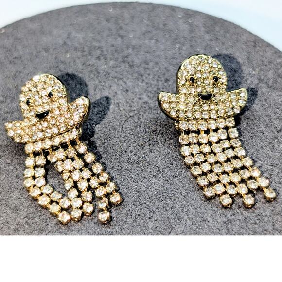 J. Crew Clear Crystal Pave Dangle Fringe Drop Ghost Halloween Pierced Earrings - Picture 1 of 4